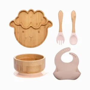 Kit Introdução Alimentar Ovelha de Bambu com Babador de Silicone (5 peças)