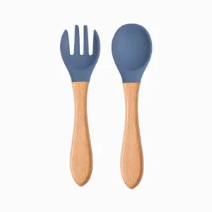 Kit Colher e Garfo de Silicone com Cabo de Madeira