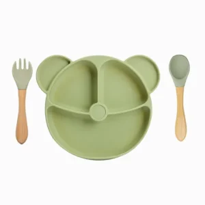 Prato de Silicone Com Ventosa Ursinho e Talheres (3 peças)