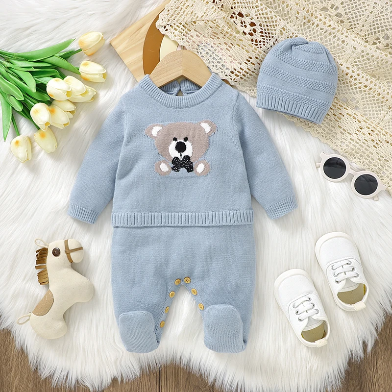 Saída maternidade João Lucas tricô Azul bebê bordado Urso 2 peças luxo - Image 2