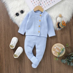 Saída maternidade Pedro tricô Azul bebê menino 2 peças luxo