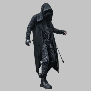 Casaco longo preto estilo techwear para homem com capuz