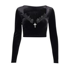Tops góticos pretos com renda para mulher