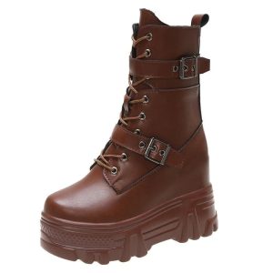 Botas de couro sintético com atacadores – estilo gótico streetwear outono