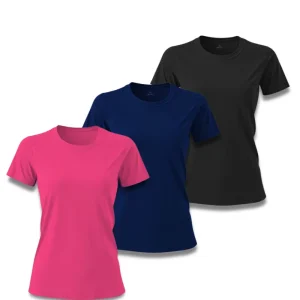 Kit 3 Camisetas Feminina Básica Poliamida UV Preto, Marinho e Pink
