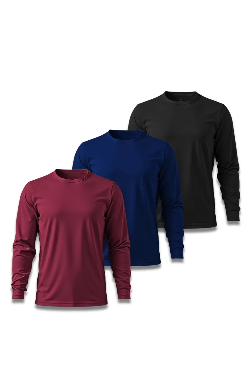 Kit 3 Camisetas Masculina Básica Poliamida UV Manga Longa Preto, Marinho e Bordo