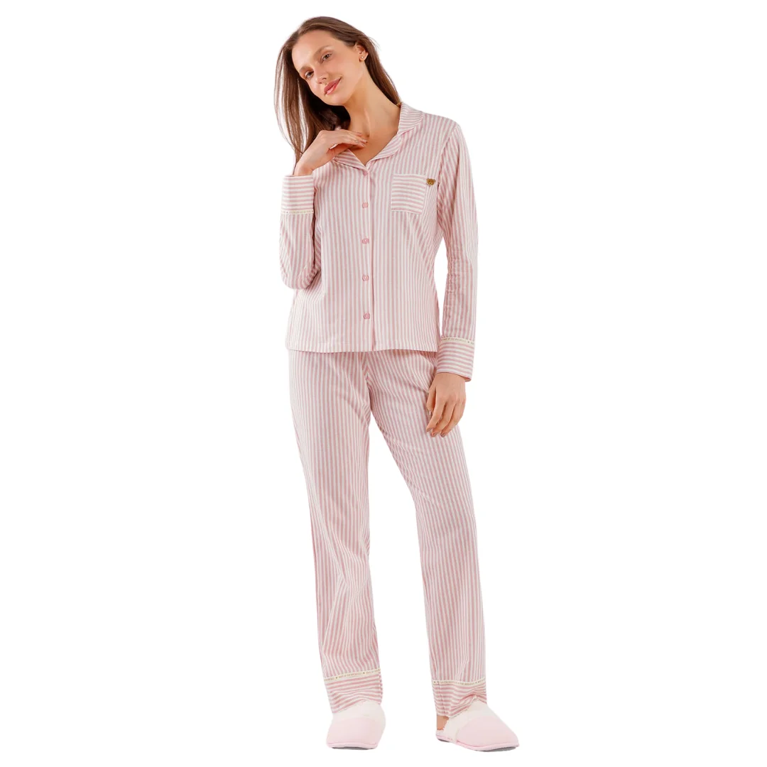 Pijama Feminino Americano 100% Algodão Rosa Listrado – Cor com Amor